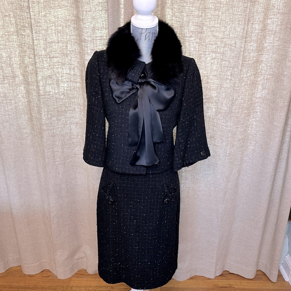 Vintage Milly Suit, Black short jacket with midi skirt Jacket Sz. 4 Skirt Sz. 8